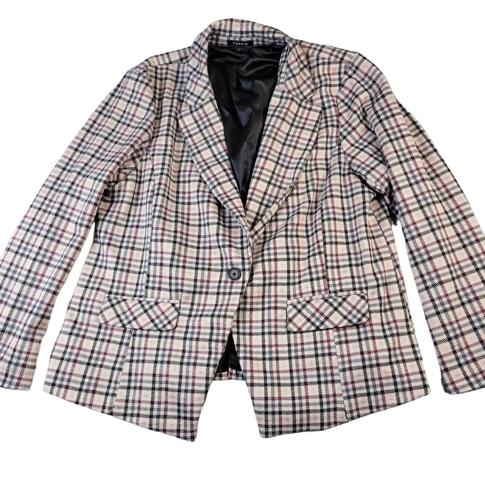Torrid Plaid Blazer Women's Size 1X Long Sleeve Career Pink Burgundy Black